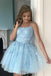 Light Blue Tulle Homecoming Dress with Lace Appliques, Spaghetti Straps Short Dress UQH0064