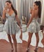 Silver Gray Spaghetti Strap V Neck Lace Homecoming Dresses, Mini Graduation Dresses UQ2180