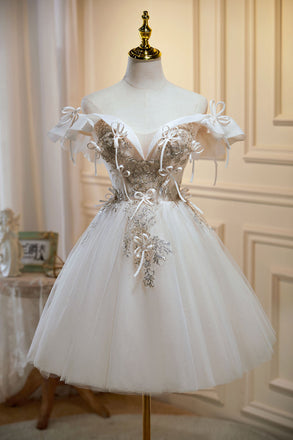 A Line Off the Shoulder Tulle Homecoming Dress with Beading, Sparkly Hoco Dress UQH0132