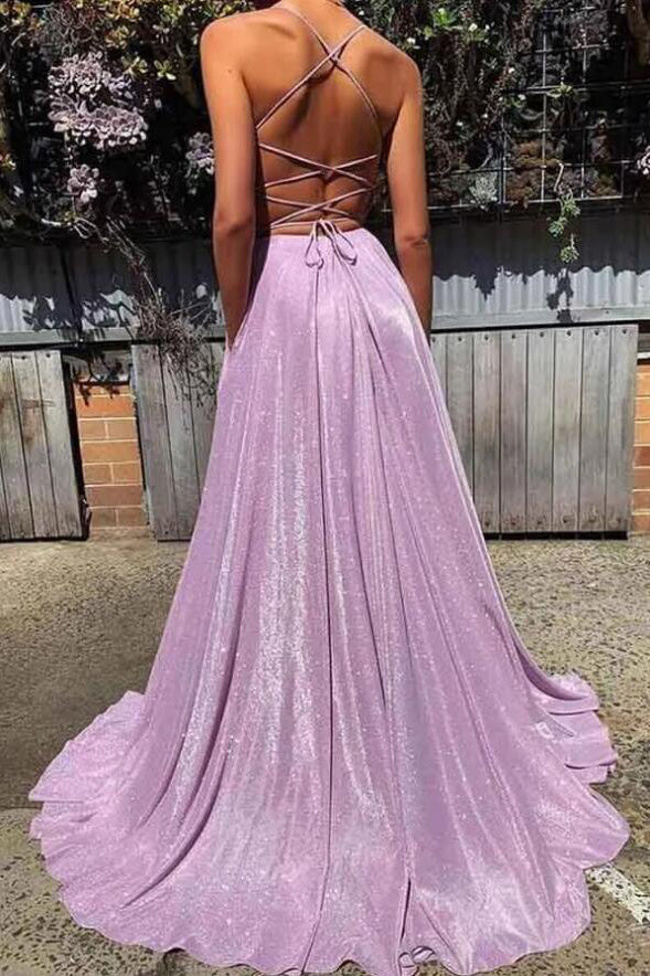 Lilac Deep V Neck Long Prom Dresses, A Line New Shiny Evening Dresses UQP0008
