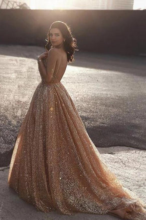 Glitter A Line Elegant Long Prom Dress, Spaghetti Straps Evening Party Dresses N2237