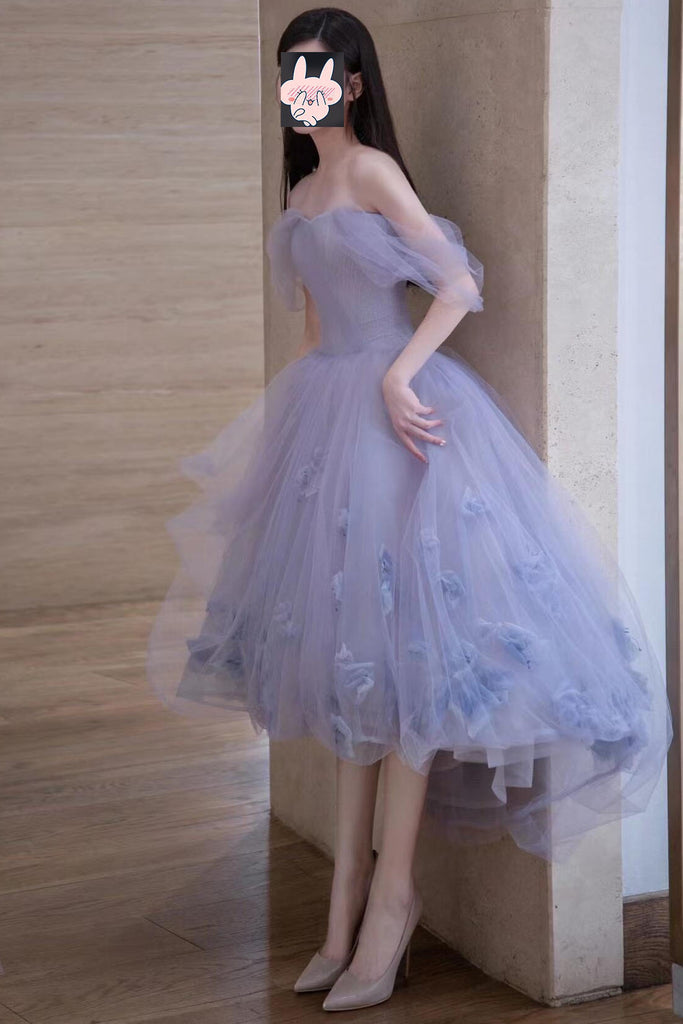 Lavender Off the Shoulder Tulle Homecoming Dress, Hi Lo Dress with Flowers UQH0103