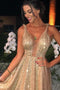 Gold V Neck Sequins Formal Dresses, A Line Sleeveless Sparkly Sweep Train Prom Dresses UQ2573