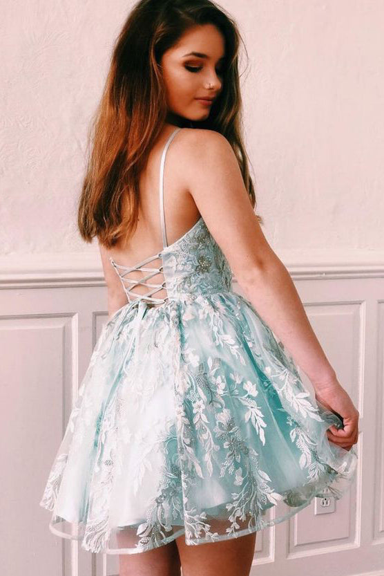 A-Line Mint Green Lace V Neck Spaghetti Straps Mini Party Homecoming D Uniquedresss A-Line Mint Green Lace V Neck Spaghetti Straps Mini Party Homecoming D Uniquedresss