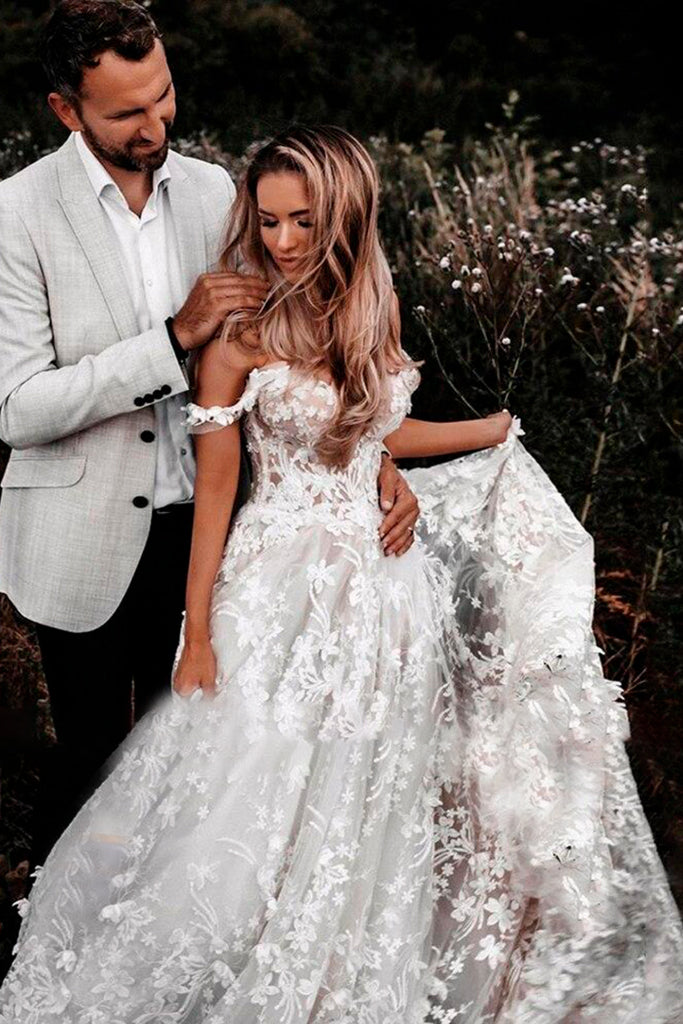 Charming Off the Shoulder Lace Appplique Beach Wedding Dress, Bridal Dress UQW0014