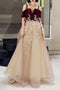 A Line Straps Tulle Prom Dress with Appliques, Floor Length Short Sleeves Party Dresses UQ2448