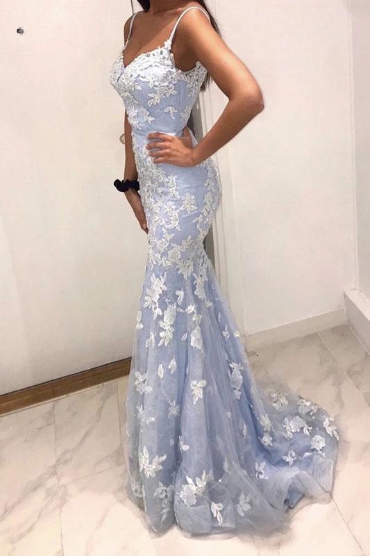 Spaghetti Straps Mermaid Prom Dress with Lace Appliques UQ2393