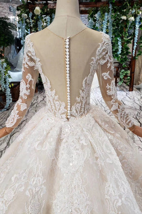 Princess Long Sleeves Sheer Neck Ball Gown Lace Wedding Dresses, Long Bridal Dress UQ1931