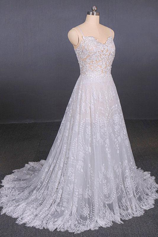Spaghetti Straps Sweetheart Lace Wedding Dresses, Lace Bridal Dresses with Long Train UQ2284