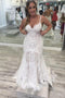 Spaghetti Straps Mermaid V Neck Backless Lace Wedding Dresses with Train UQ2504