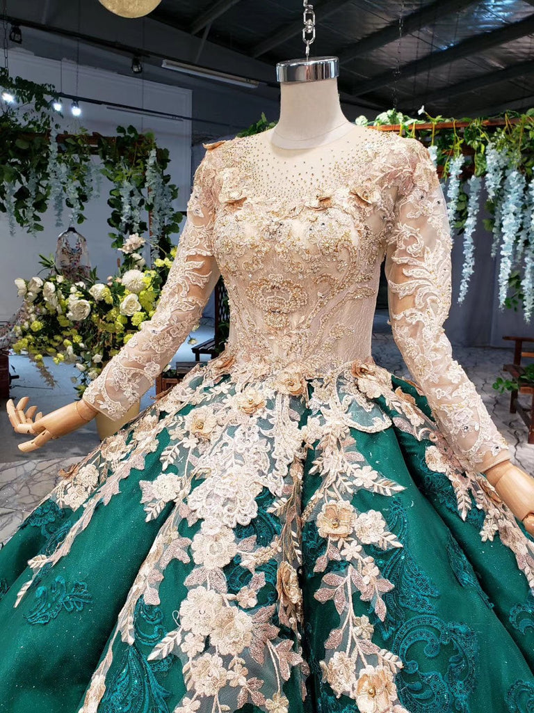 Ball Gown Long Sleeves Floor Length Prom Dress with Appliques, Quinceanera Dresses UQ2385