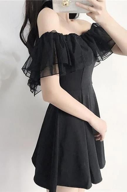 Black Off the Shoulder Short Dance Dresses, A Line Mini Homecoming Dress with Ruffles UQ2000
