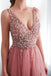 Beading V neck Pink High Split Tulle Sweep Train Sleeveless Prom Dress with Sequins UQ2278