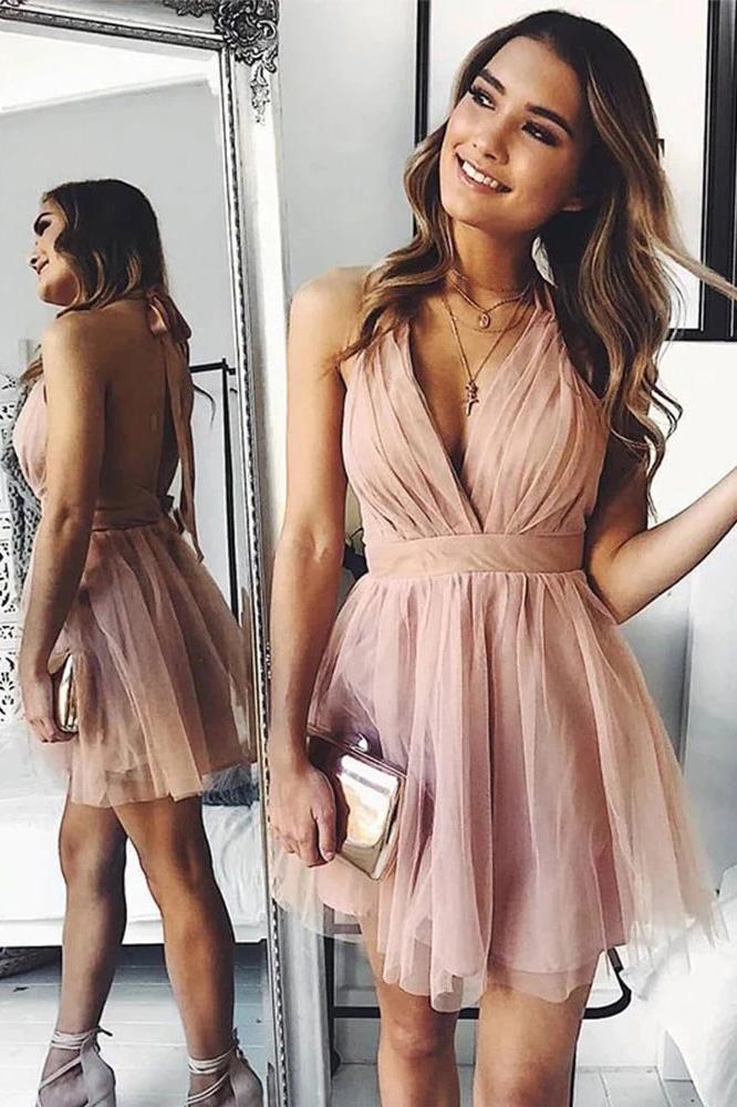 Cute Halter Above Knee Pink Tulle Short Prom Dresses, Pleated Homecoming Dresses UQ1986