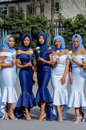 Light Blue Off the Shoulder Mermaid Bridesmaid Dress with Ruffles UQB0023