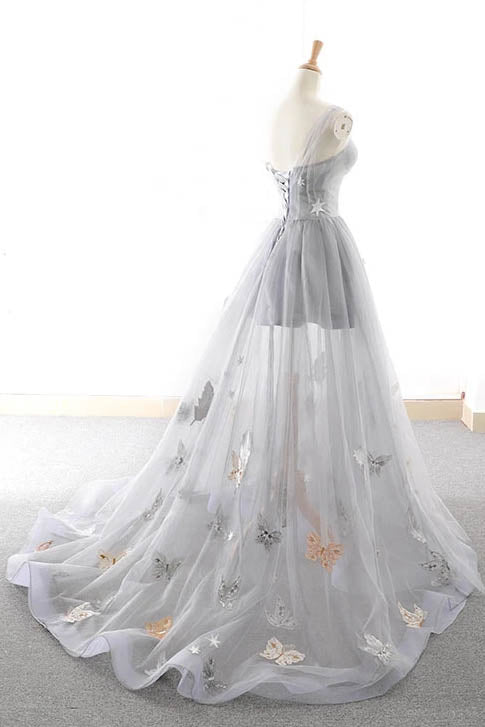 Gray Long Prom Dress with Butterfly, New Arrival Unique Evening Dress UQP0073