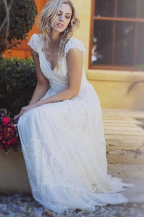 A-Line V Neck Floor Length Cap Sleeves Lace Beach Wedding Dress, Boho Wedding Dresses UQ2495