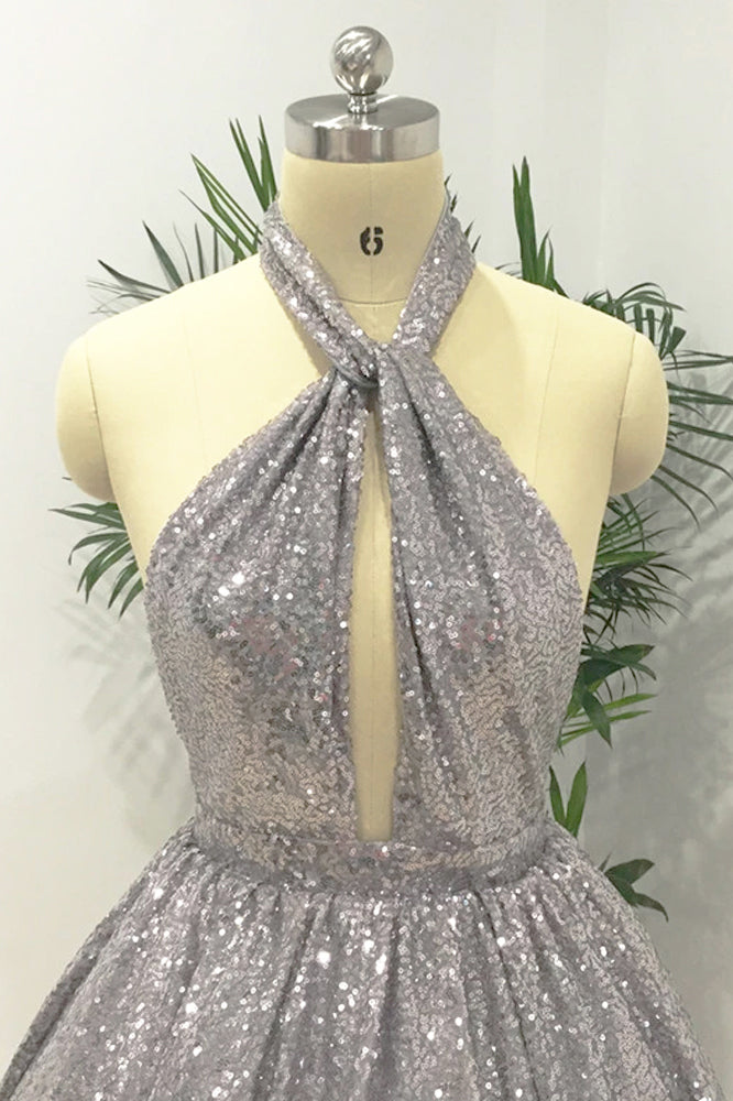 Silver Halter Sequined Backless Short Homecoming Dress, Sparkly Party Dress UQH0074