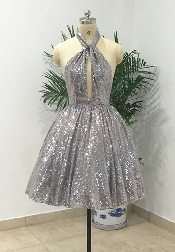 Silver Halter Sequined Backless Short Homecoming Dress, Sparkly Party Dress