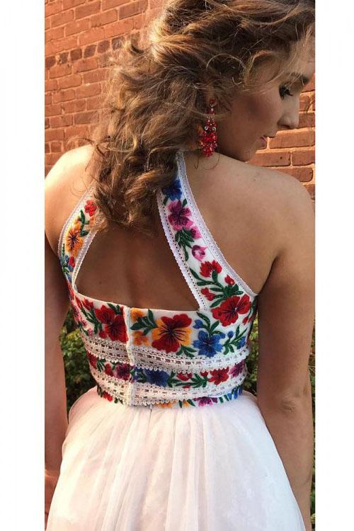 Two Piece High Neck Long Prom Dress with Appliques, Unique Sleeveless Party Dress UQ1719
