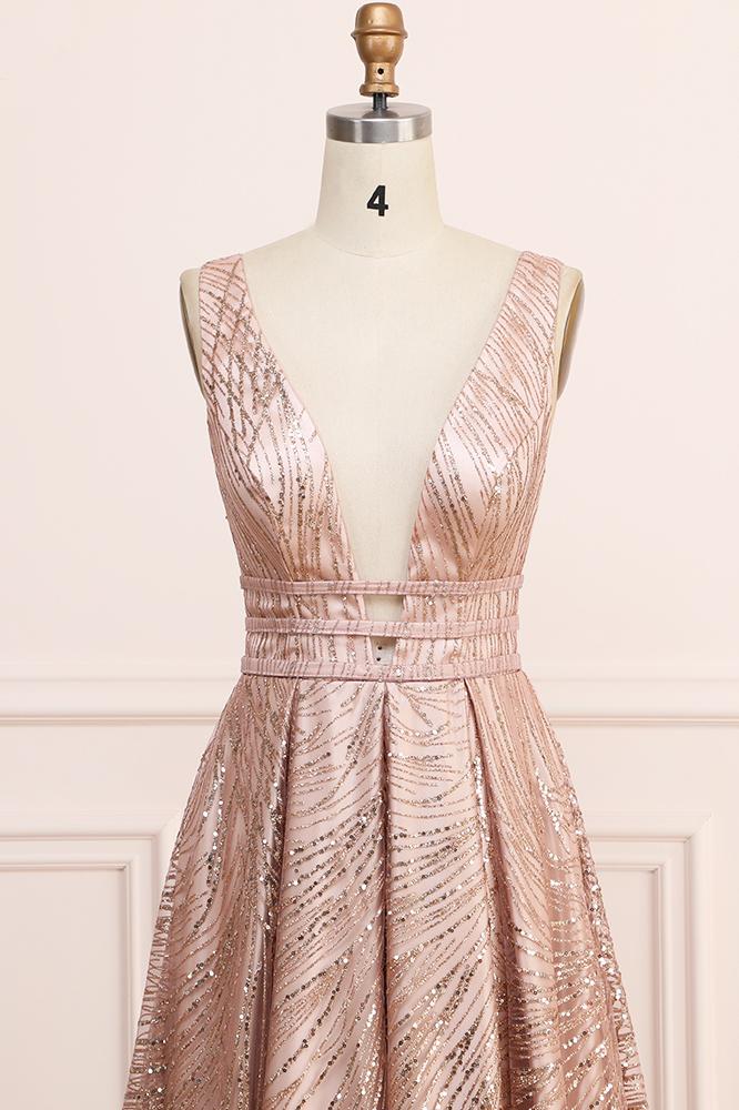 A Line Deep V Neck Long Prom Dress with Sequins, Glitter Sleeveless Evening Dress UQ2271