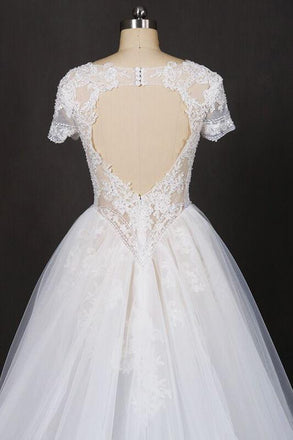Puffy Short Sleeves Tulle Bridal Dress with Lace Appliques, Long Train Wedding Dress UQ2294