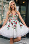 White Deep V Neck Lace Homecoming Dress with Appliques, Cute Short Prom Dresses UQ2164