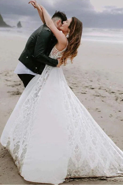 A Line V Neck Lace Boho Wedding Dress, Spaghetti Straps Beach Wedding Gown UQW0073