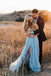 Sky Blue V Neck Prom Dresses, Backless Spaghetti Straps Pleated Long Formal Dress UQ2005