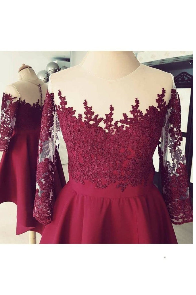 Dark Red Sheer Neck Homecoming Dress, High Low Appliques Satin Short Prom Dress UQ1870