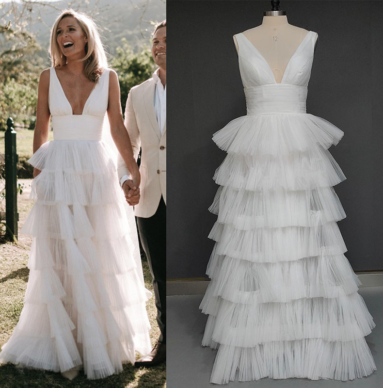 A Line Deep V Neck Sleeveless Tiered Floor Length Long Wedding Gown, Bridal Dress UQW0070