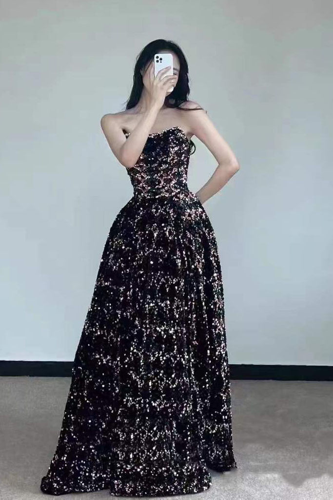 A Line Sparkly Sequin Long Prom Dress, Gorgeous Strapless Long Evening Dress UQP0186