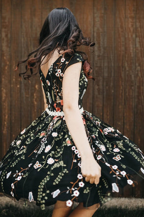 Black Lace Flowers Knee Length Cap Sleeves Homecoming Dress, Unique Graduation Dress UQ2121