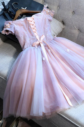 A Line Off the Shoulder Tulle Homecoming Dress with Beads, Short Hoco Dress with Flowers UQH0130