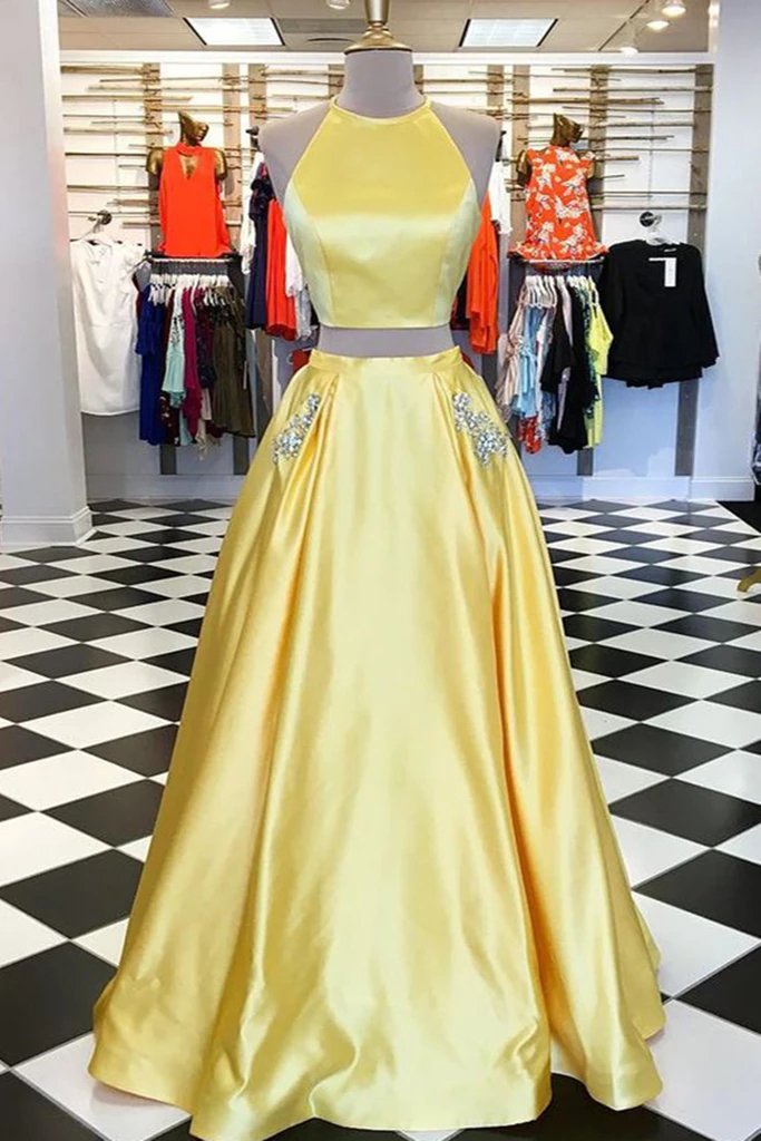 Yellow Satin Two Pieces Long Homecoming Dress with Silver Beading, Pro Uniquedresss Yellow Satin Two Pieces Long Homecoming Dress with Silver Beading, Pro Uniquedresss