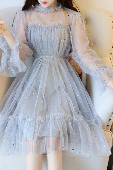 Blue Sparkly Star Long Sleeves Tulle Homecoming Dresses, Charming Short Prom Dress N2004