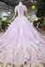Lilac Ball Gown Short Sleeves Prom Dresses with Sheer Neck, Gorgeous Quinceanera Dress UQ1735