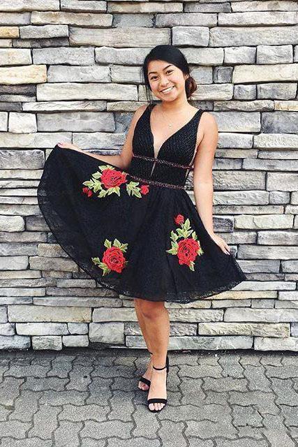 Black Deep V Neck Lace Junior Homecoming Dresses with Flowers, Lace Black Dress UQ1868