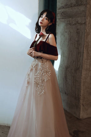 Vintage A Line Burgundy Straps Tulle Formal Dress, Elegant Applique Prom Dress UQP0145