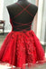 Spaghetti Strap Red Lace Homecoming Dress, Sleeveless Short Prom Dress UQH0081