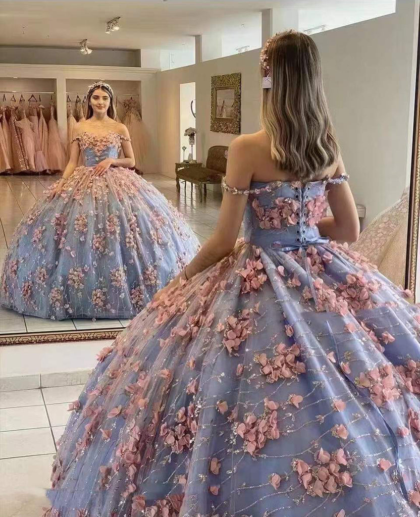 Ball Gown Off the Shoulder Prom Dress with Flowers, Gorgeous Long Quinceanera Dress UQP0183