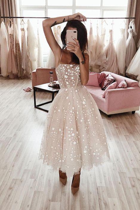 Ivory Spaghetti Strap Tea Length Starry Tulle Homecoming Dress, Party Dress UQ1885