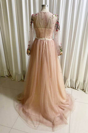 A Line Tulle Long Prom Dress with Flowers, Pink Long Sleeves Party Dress with Beading UQP0176