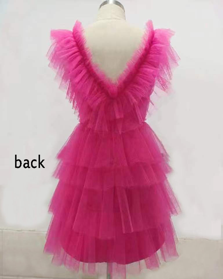 A Line Pink V Neck Tiered Homecoming Dress, Tulle Short Prom Party Dress UQH0096