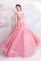 Pink Off the Shoulder Puffy Tulle Prom Dresses, Floor Length Appliqued Quinceanera Dress UQ2279