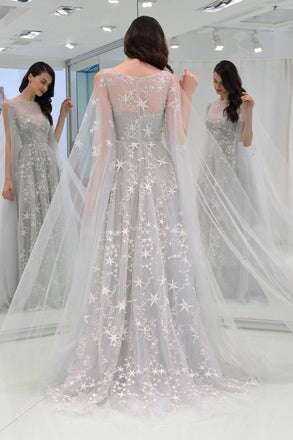 Light Gray Sheer Neck Tulle Long Prom Dress Classy Zipper Back Party Gown UQP0100