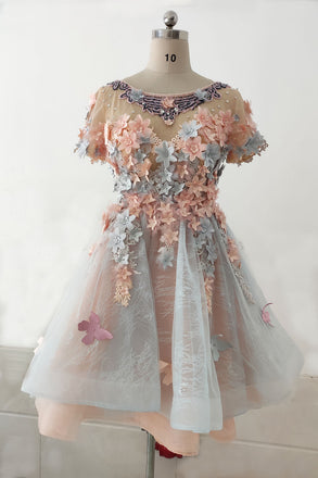 A Line Short Sleeves Tulle Homecoming Dress with Beading, Short Hoco Gown with Flowers UQH0134