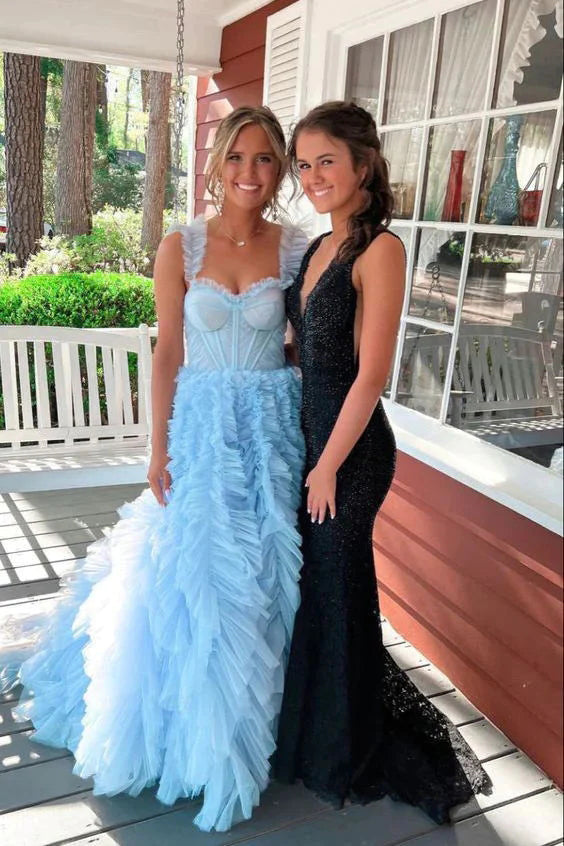 Sky Blue New Style Long Prom Dress, A Line Puffy Sleeveless Party Dresses UQP0213