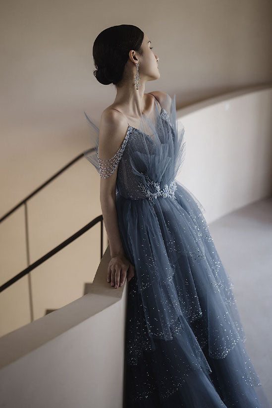 Gorgeous Blue Sparkly Tulle Beaded Prom Dress, Tiered Formal Gown with Uniquedresss Gorgeous Blue Sparkly Tulle Beaded Prom Dress, Tiered Formal Gown with Uniquedresss