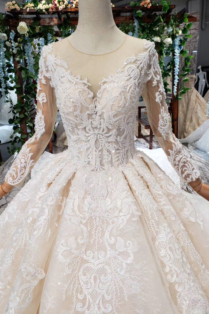 Princess Long Sleeves Sheer Neck Ball Gown Lace Wedding Dresses, Long Bridal Dress UQ1931